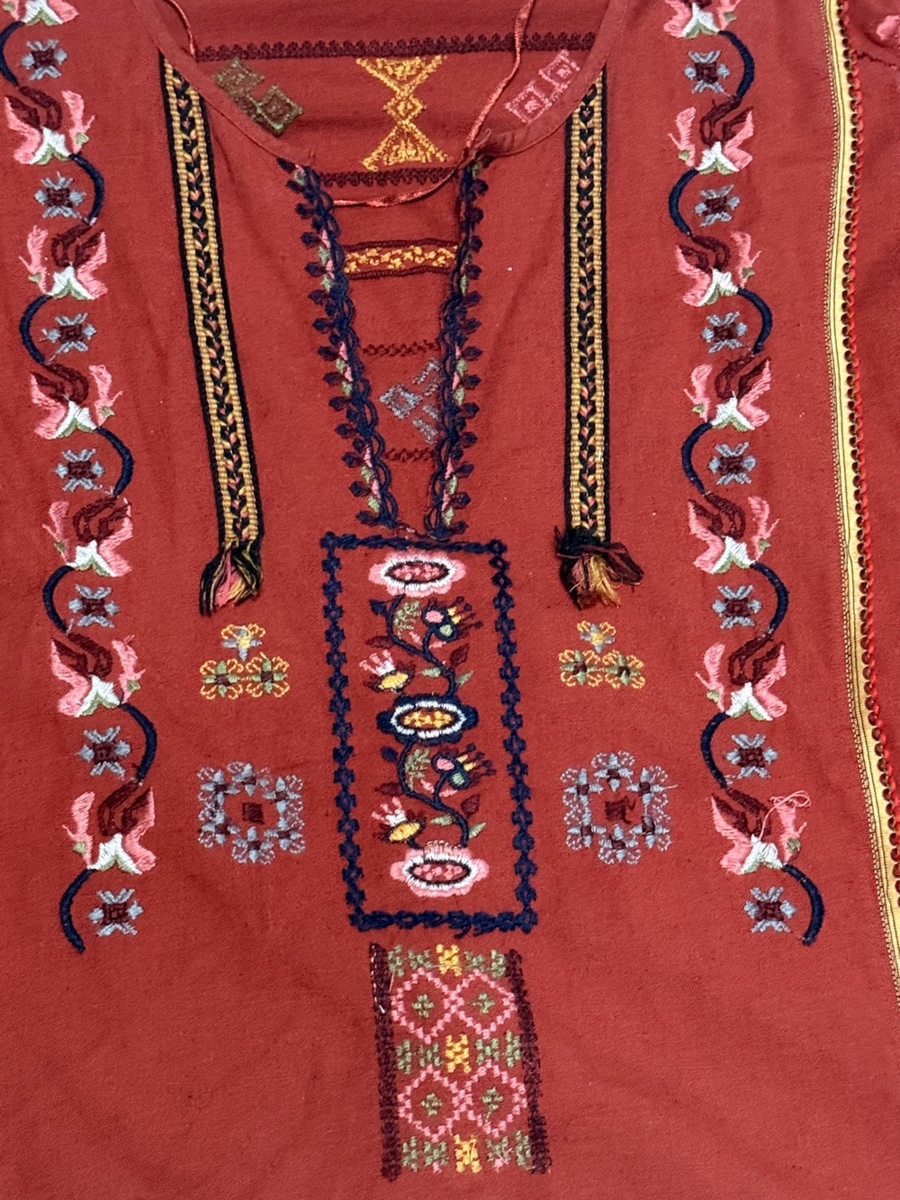 Zara Rust Red Embroidered Peasant Top with Multicolor Stitching